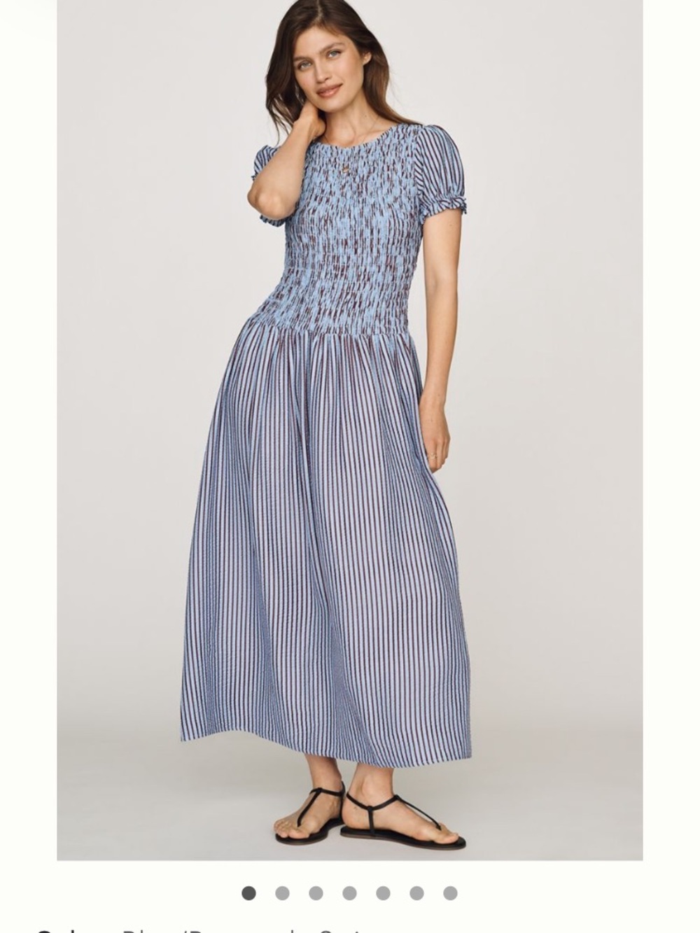 Maeve Margie Smocked Striped Midi Dress. blue/burgandy